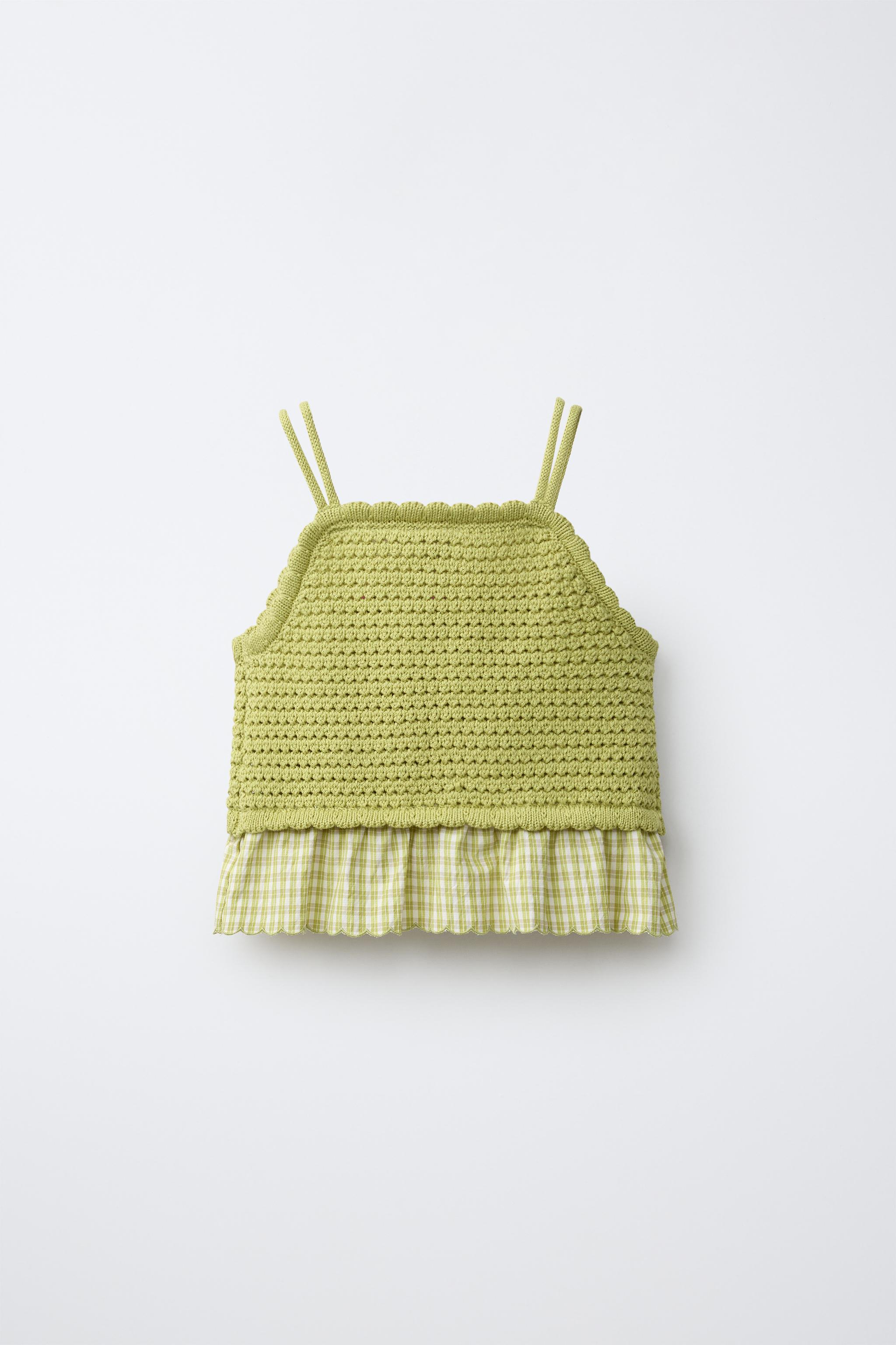 COMBINED GINGHAM AND EMBROIDERED KNIT TOP